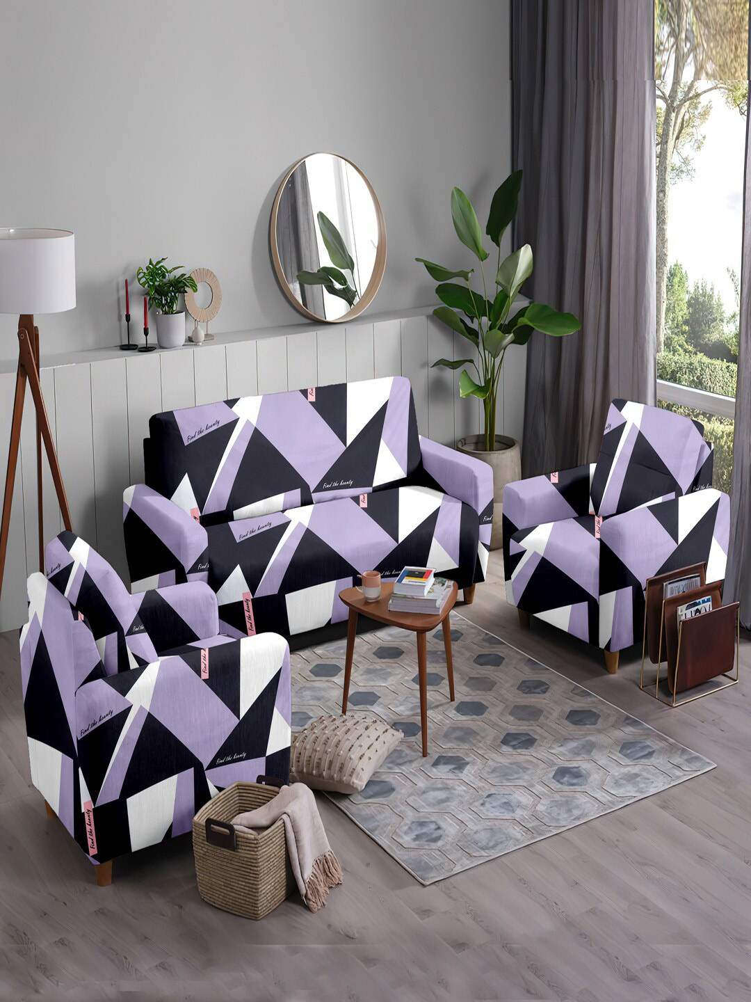 Cortina 3 Pieces Of Purple Geometric Printed Sofa Covers