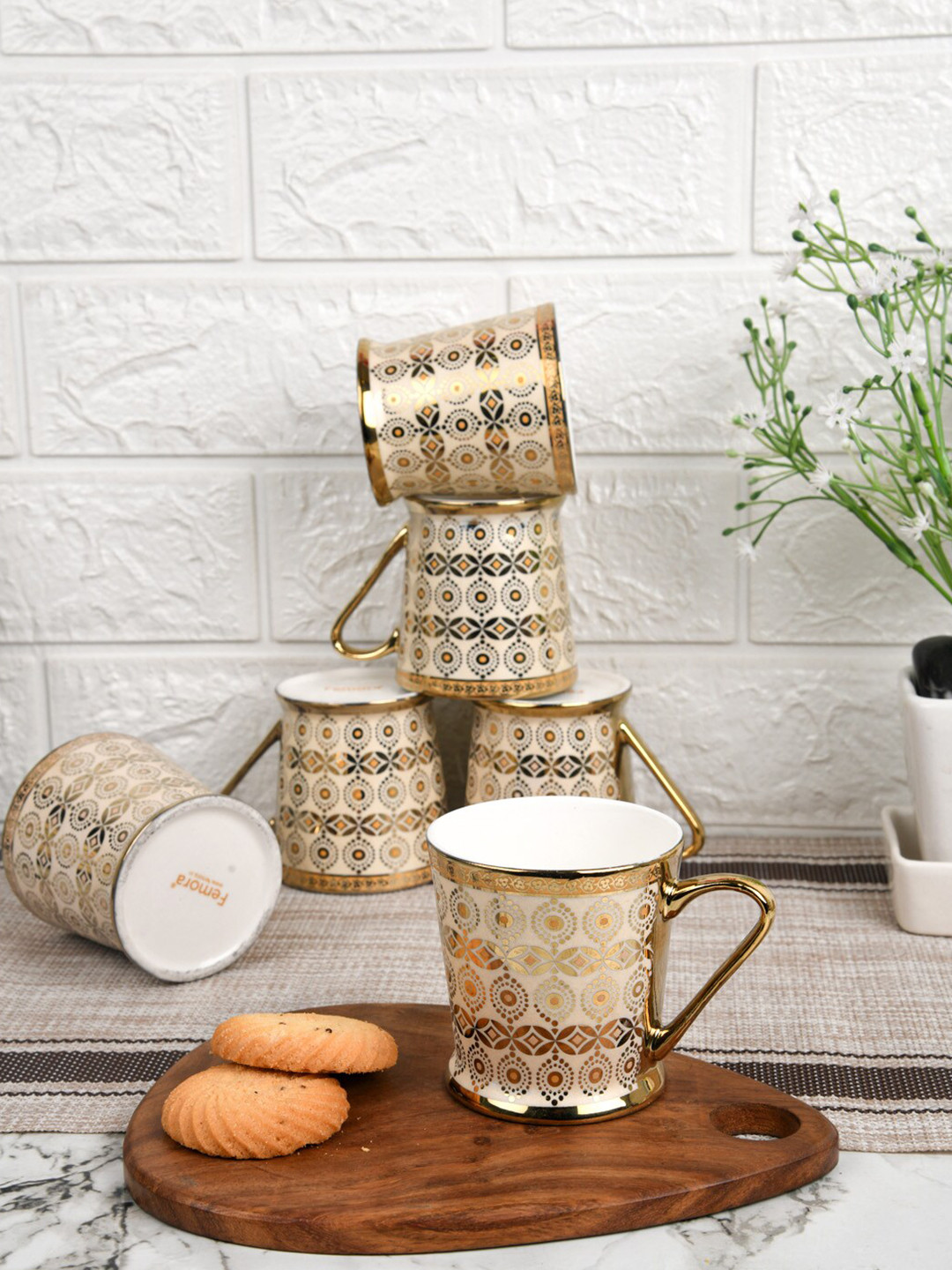 Femora Cream Ethnic Motifs Bone China Microwave Safe 6 Piece Cups-180ml