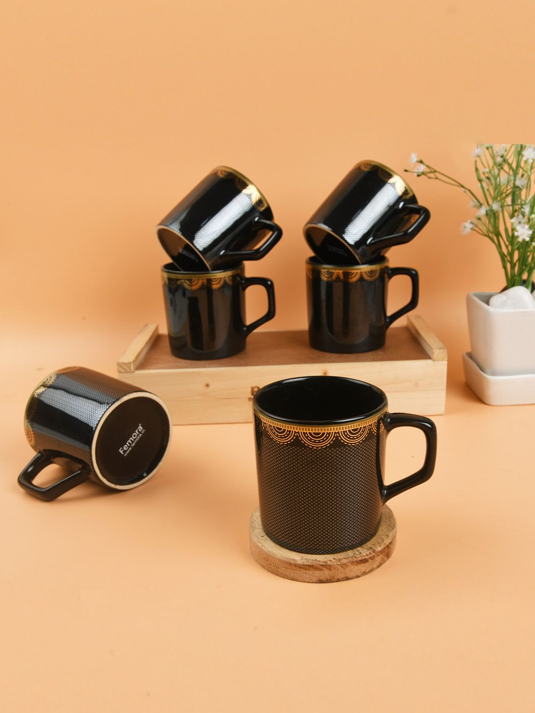 Femora Thank U Black Ceramic Easy to Clean 6 Piece Cups-180ml