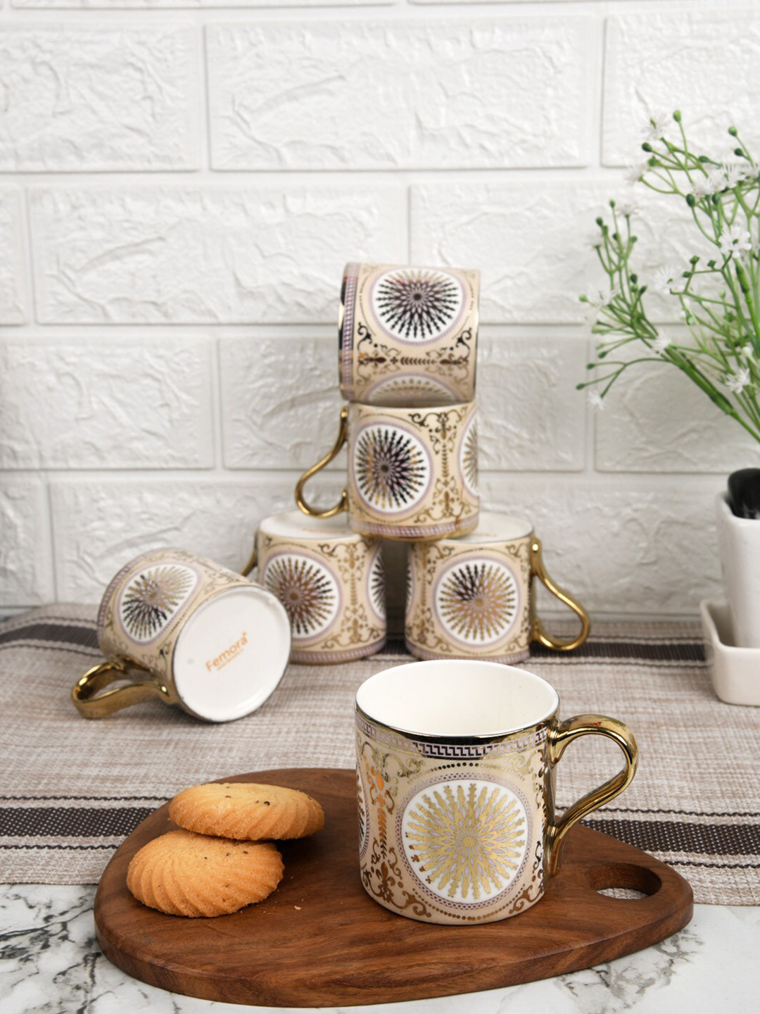 Femora Rakshabandhan Gift Beige Ethnic Motifs Bone China Microwave Safe 6 Piece Mugs-130ml