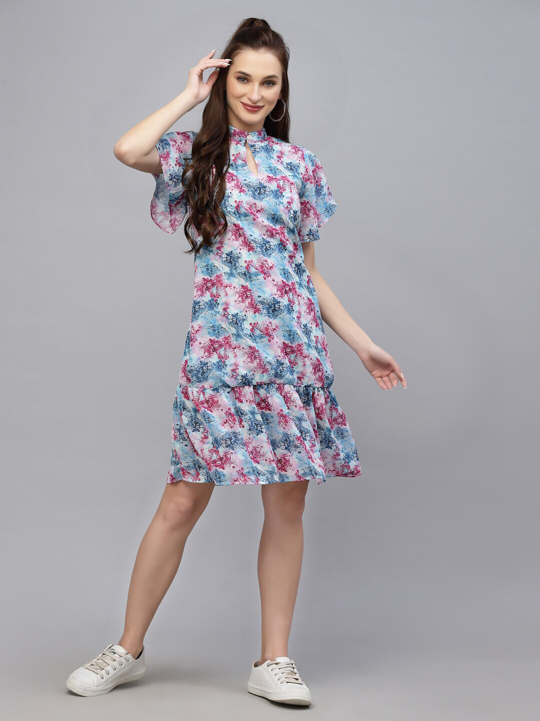 VALBONE Floral Keyhole Neck Layered A-Line Dress