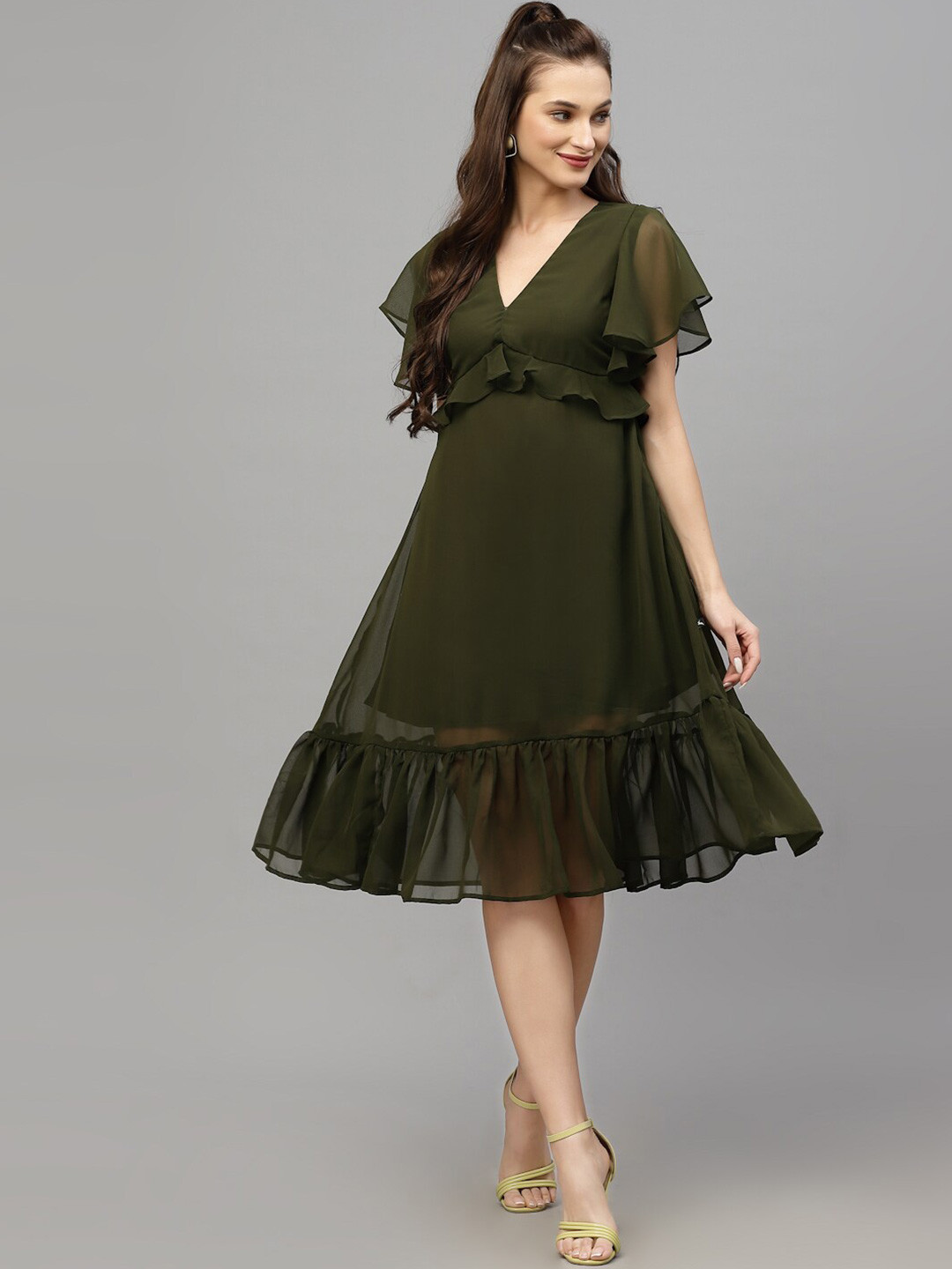 VALBONE Flared Sleeves Ruffles Detailed Flounce Empire Dress
