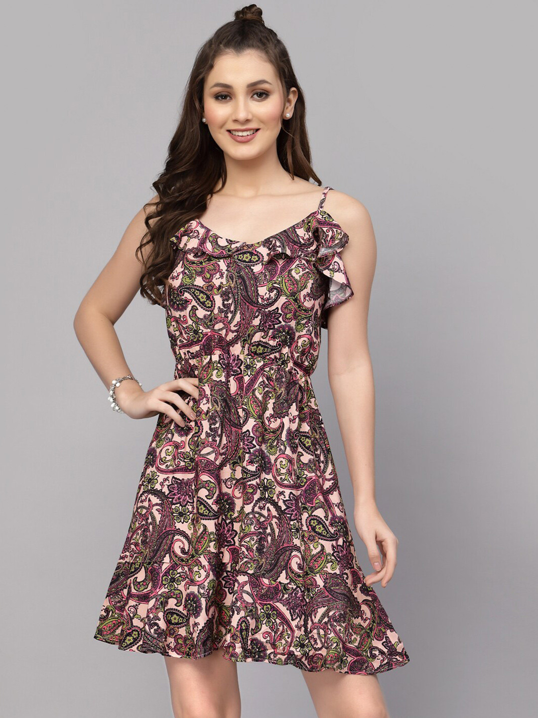 VALBONE Ethnic Motifs Printed Ruffled Flounce A-Line Dress