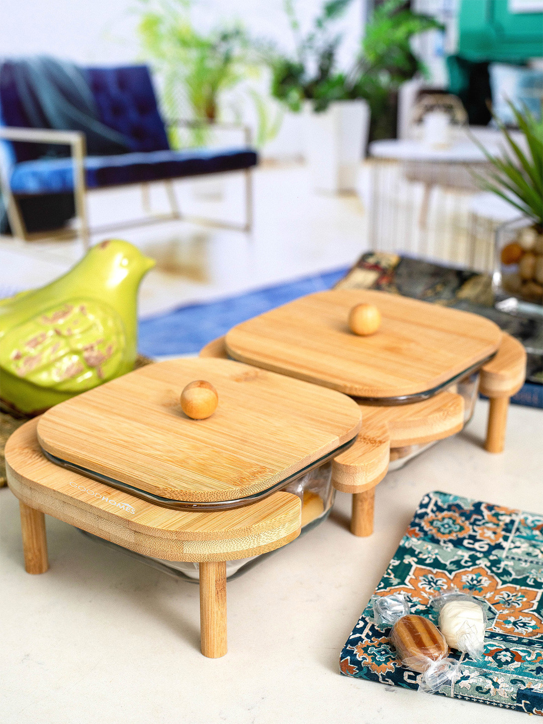 GOODHOMES Glass serving Set Transparent 4 Pcs Bowls with Wooden Lid & Tray 400 ml Each