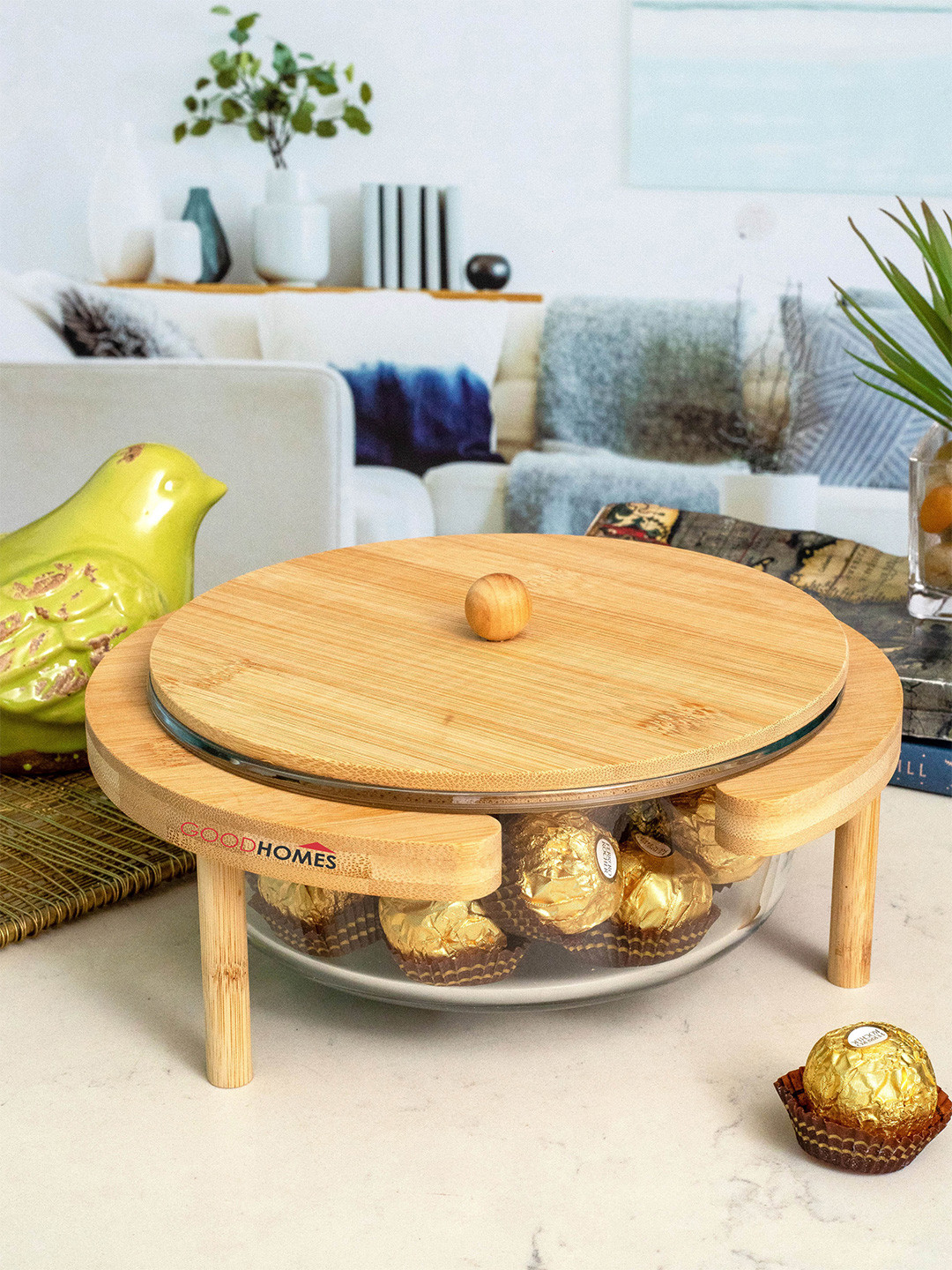 GOODHOMES Transparent Set of 1pc Bowl 1.250 L with Wooden Lid & 1pc Tray