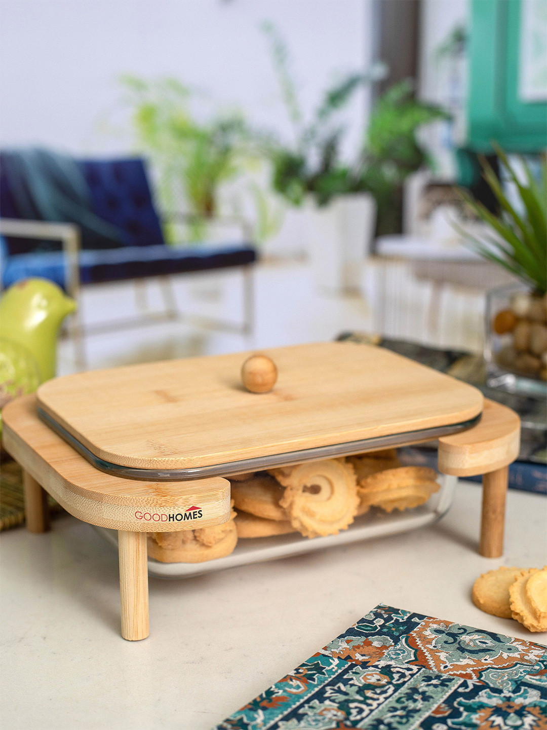 GOODHOMES Transparent Set of 1pc Bowl 900 ml with Wooden Lid & 1pc Tray