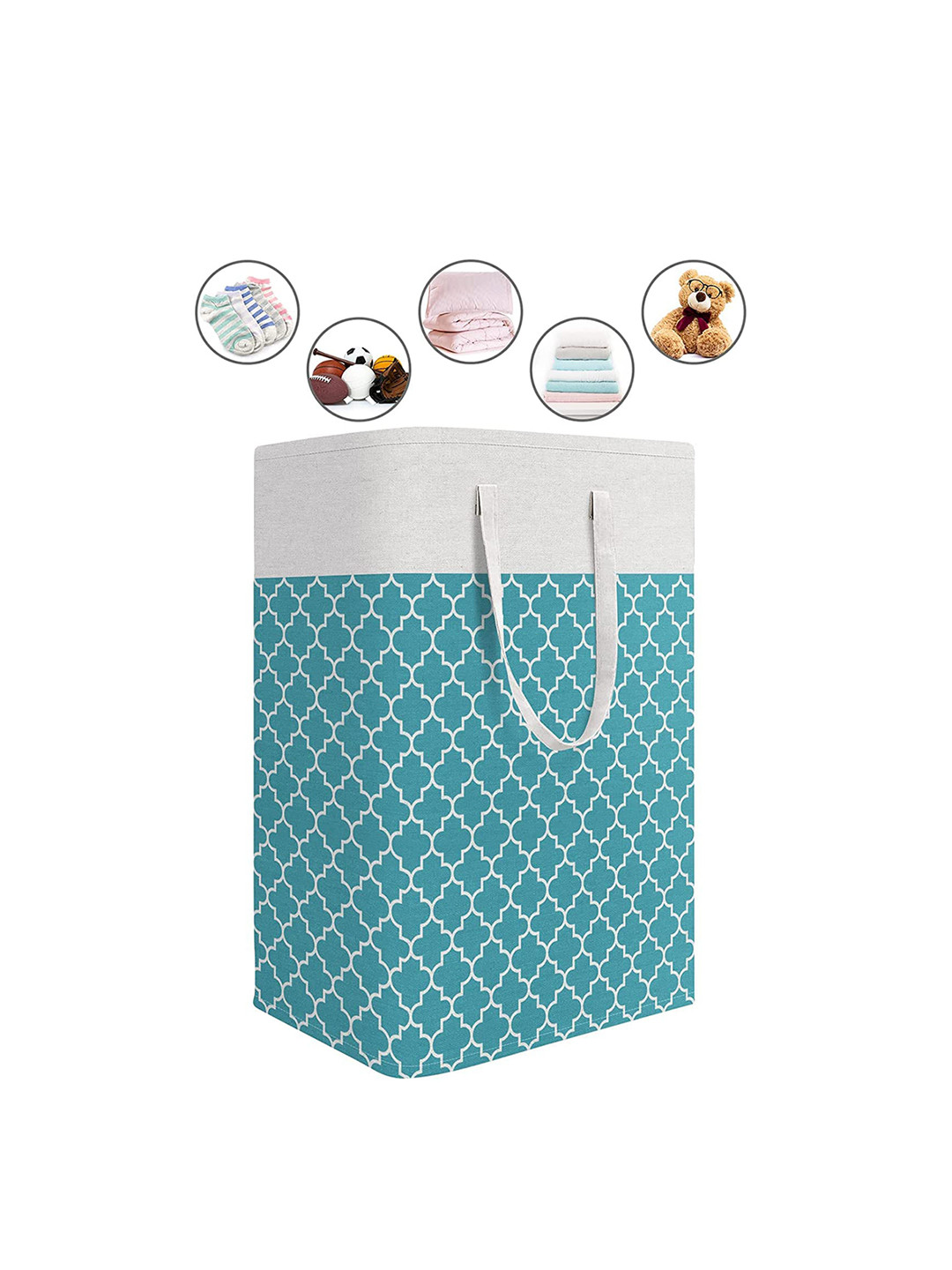 HOUSE OF QUIRK Blue & White Printed Collapsible Waterproof Laundry Bag with Handles 75 L