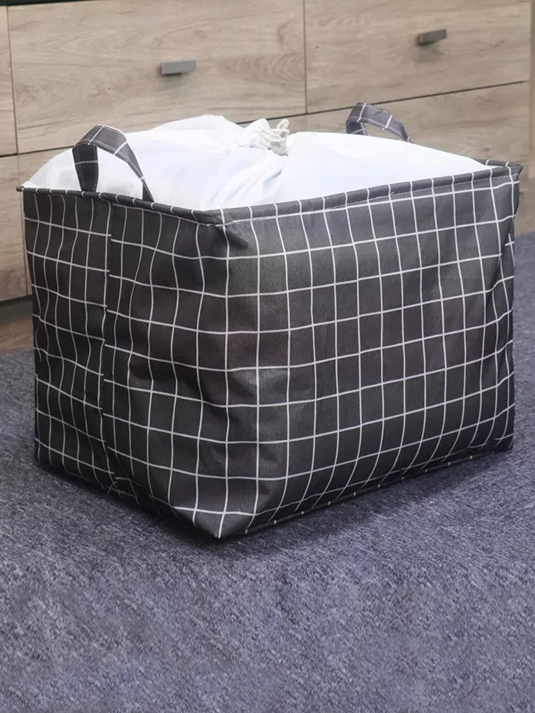 HOUSE OF QUIRK Black & White Checked Cotton Waterproof Square Storage Laundry Basket 100 L