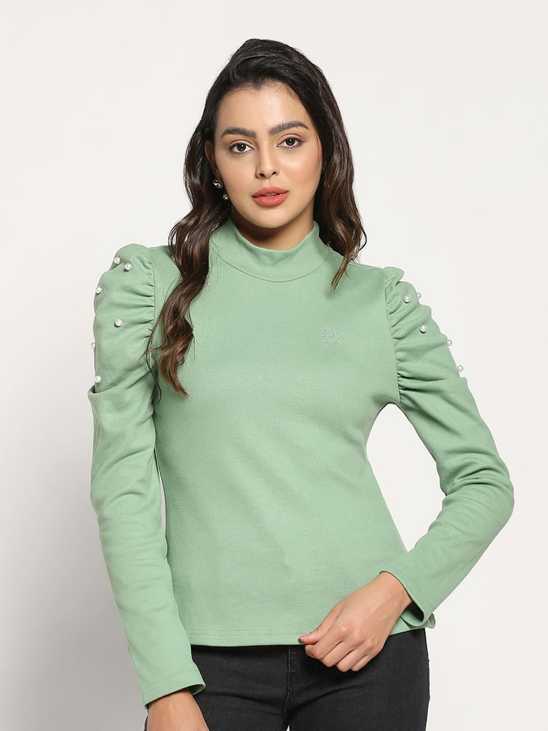 Beatnik Green Puffed Sleeved High Neck Top