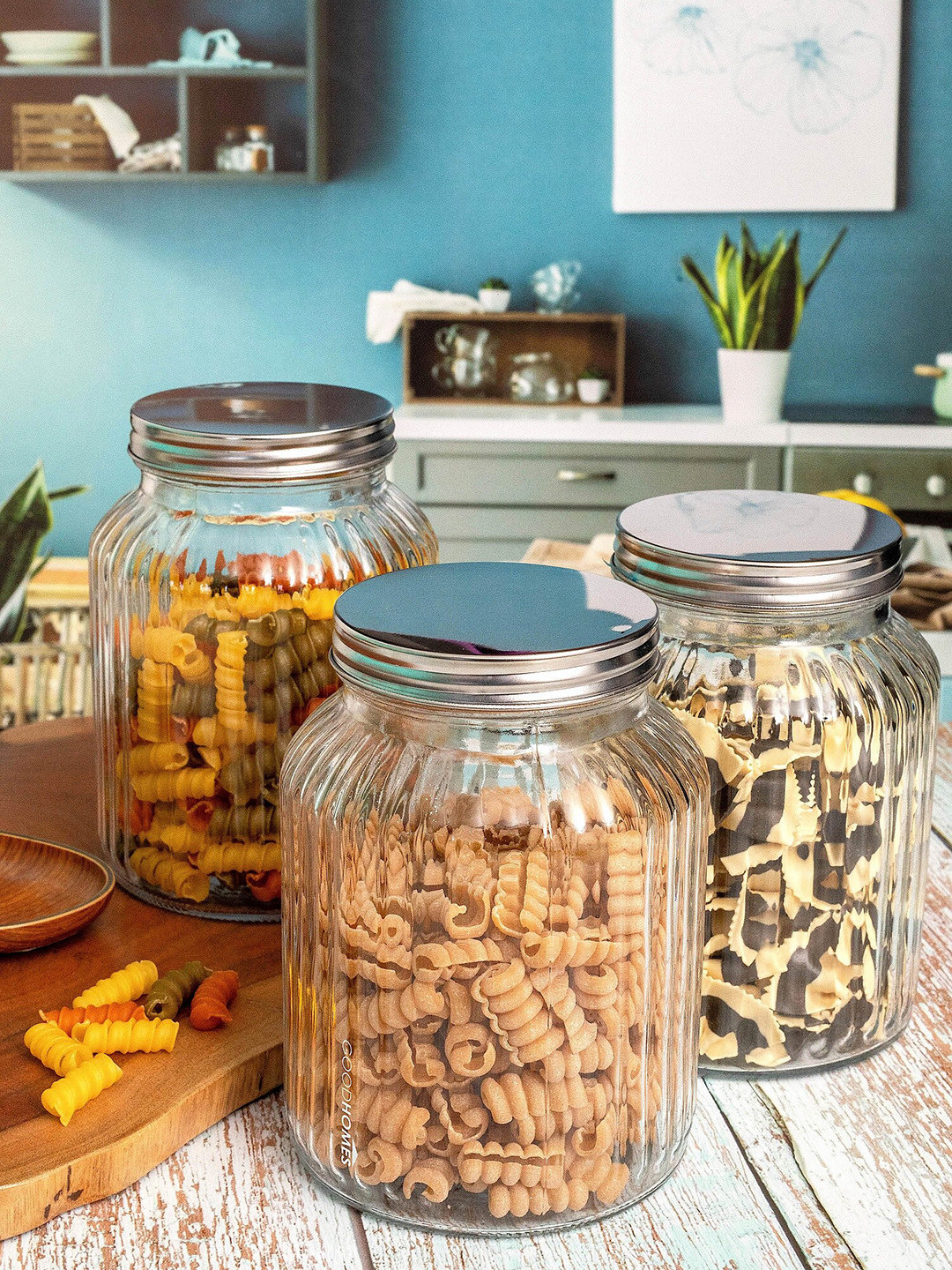 GOODHOMES Transparent  Set Of 3 Textured Glass Storage Jar With Metal Lid 1 L Each