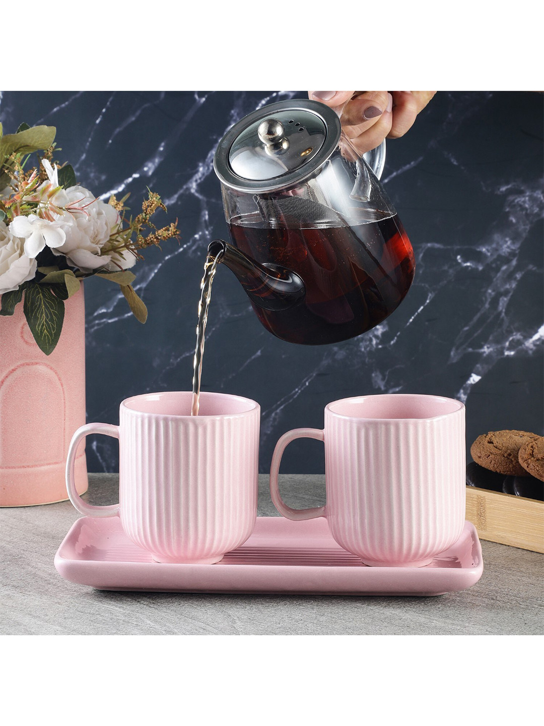 The Decor Mart Aarnav Name Personalised Pink Textured Ceramic Handmade 2 Piece Mugs with Tray-410ml
