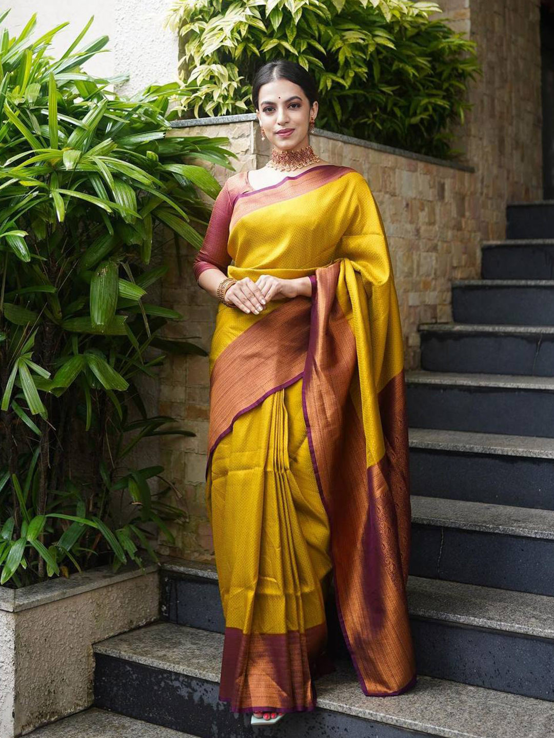 AVANTIKA FASHION Yellow & Maroon Woven Design Zari Kanjeevaram Saree