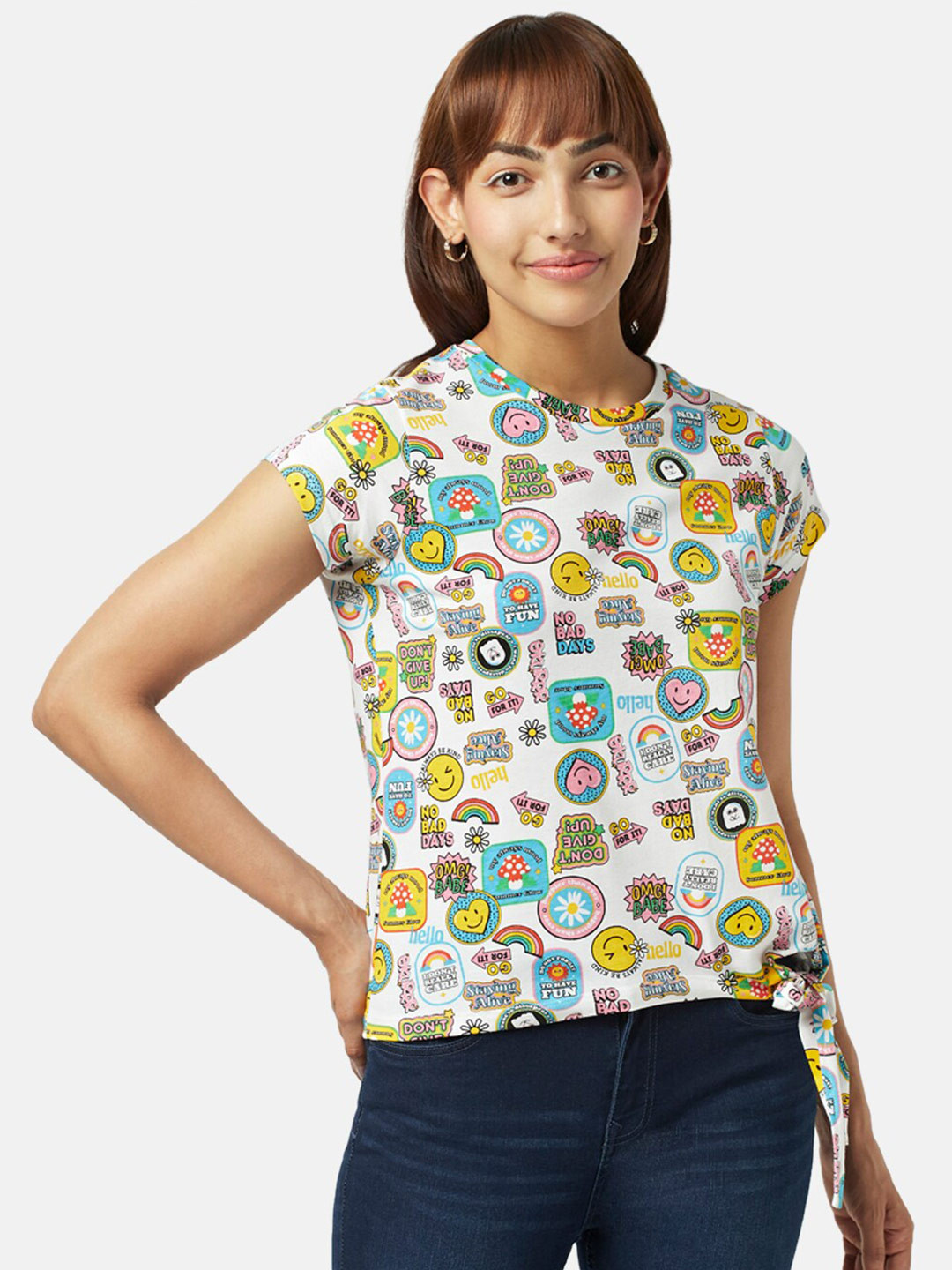 People Conversational Printed Tie-Up Detailed Cotton Regular Top