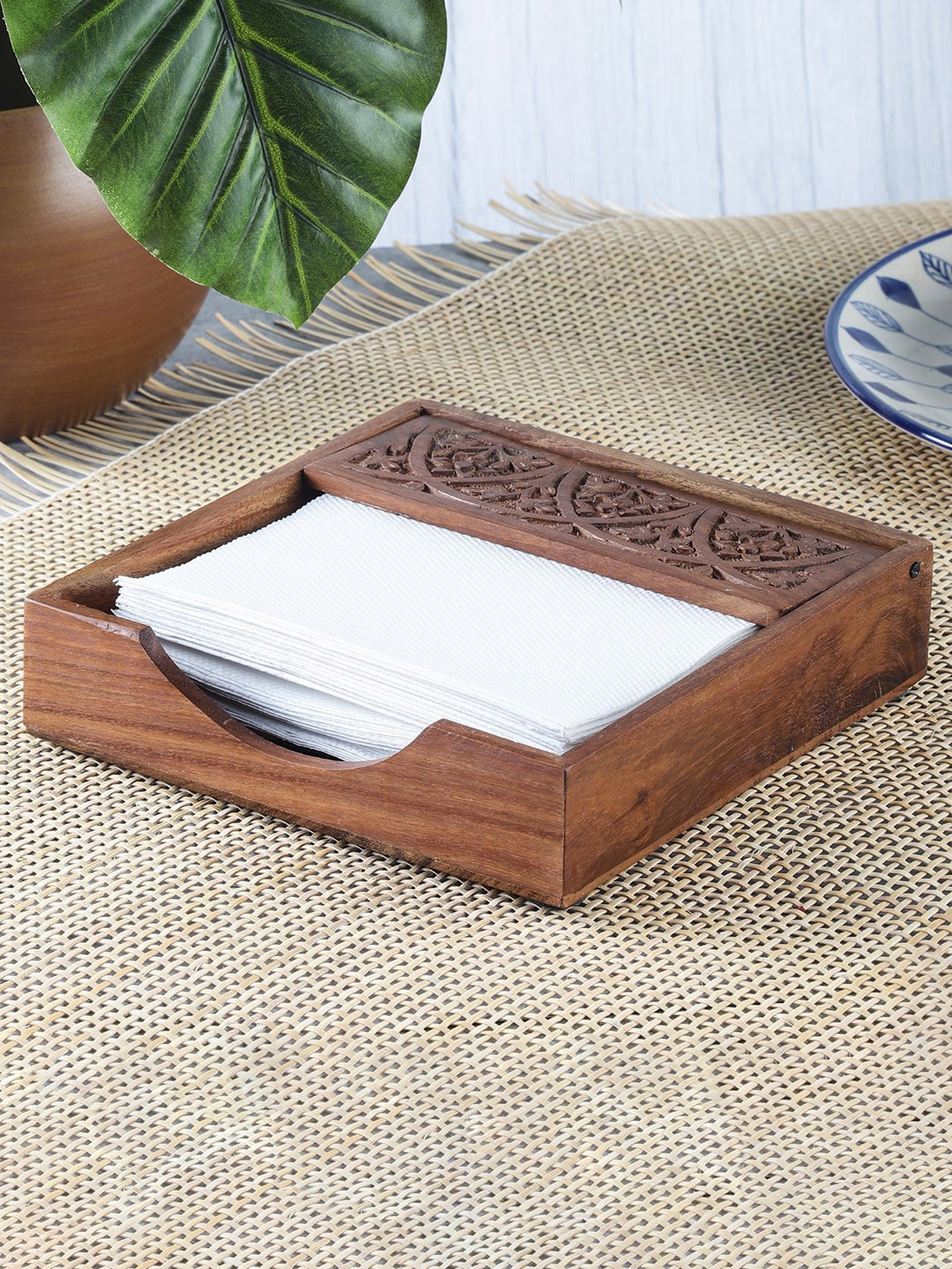 The Decor Mart Brown Wood Carved Tissue Box Holder
