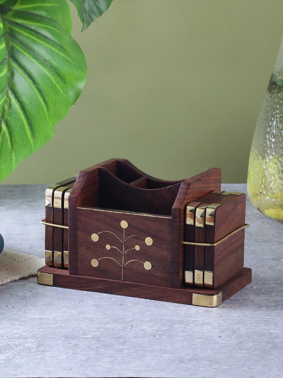 The Decor Mart Brown 6 Pieces Floral Wooden Cutlery Holder with Coaster