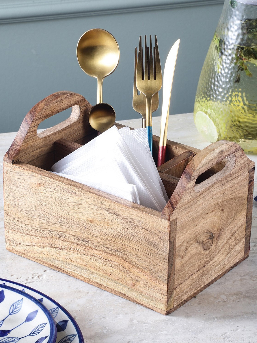 The Decor Mart Beige Wooden Cutlery Box