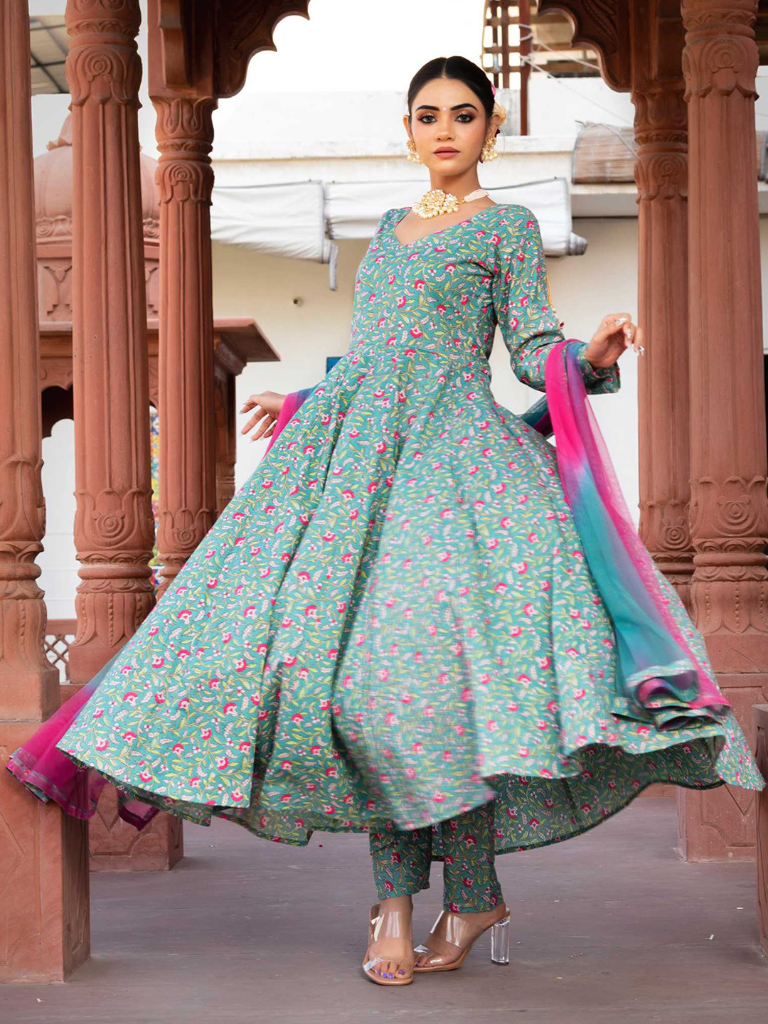 Calmna Women Printed Long Sleeve Anarkali Kurta with Trousers & Dupatta