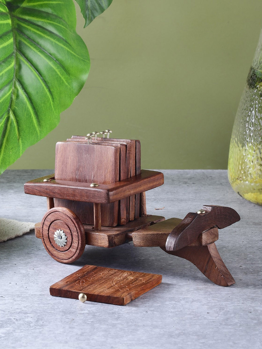 The Decor Mart Brown Set Of 5 Textured Wooden Plough Coasters