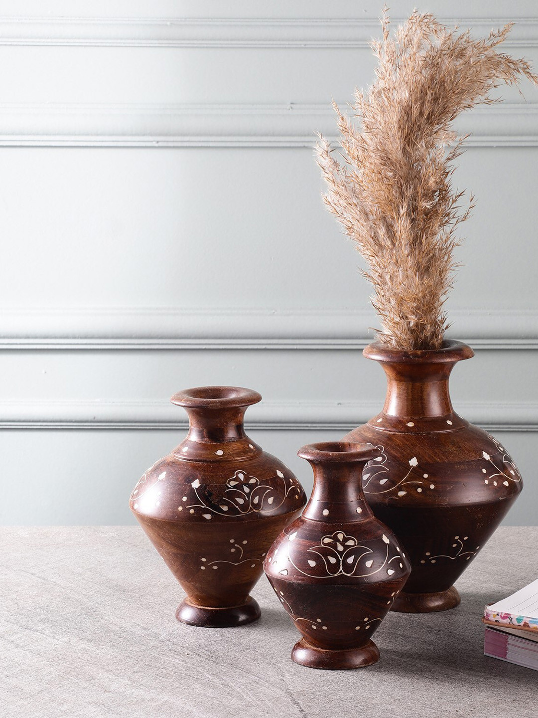 The Decor Mart Set Of 3 Brown Printed Wooden Vase