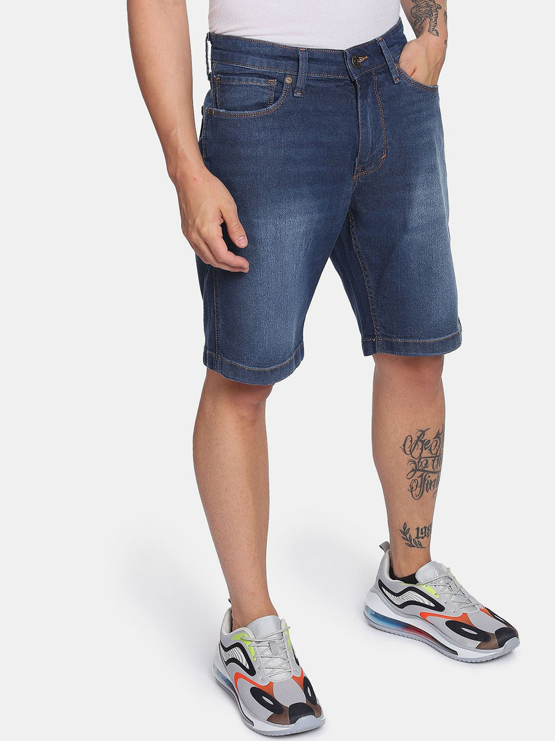 Flying Machine Mid Rise Stone Wash Denim Shorts