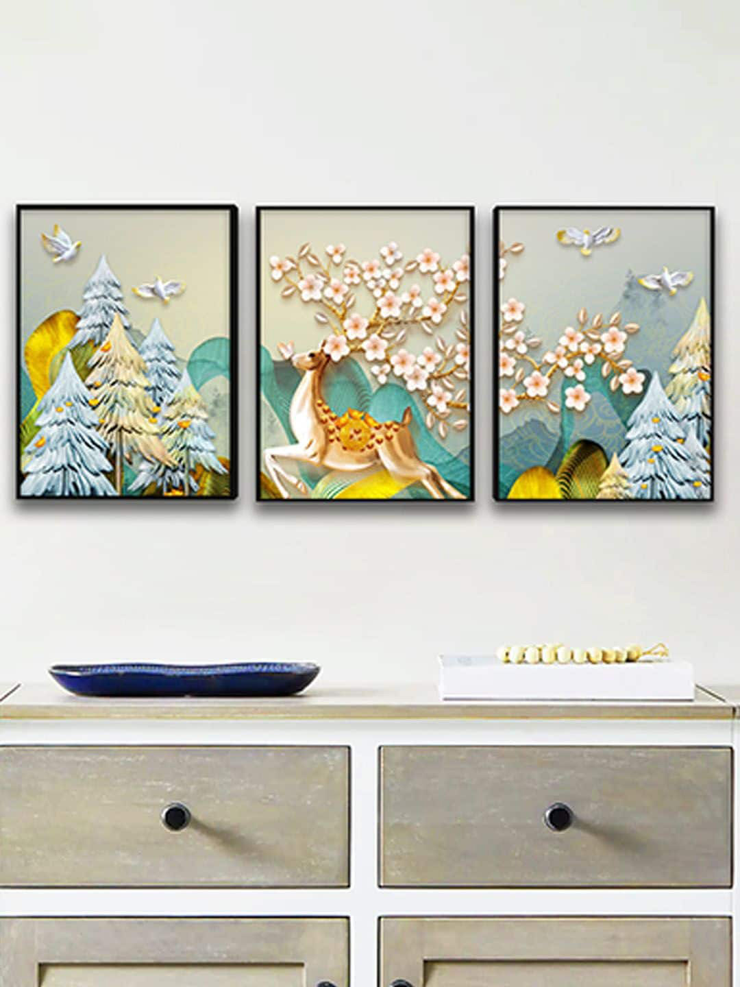 Art Street Blue & Green Set Of 3 Running Deer Framed Painting Wall Art