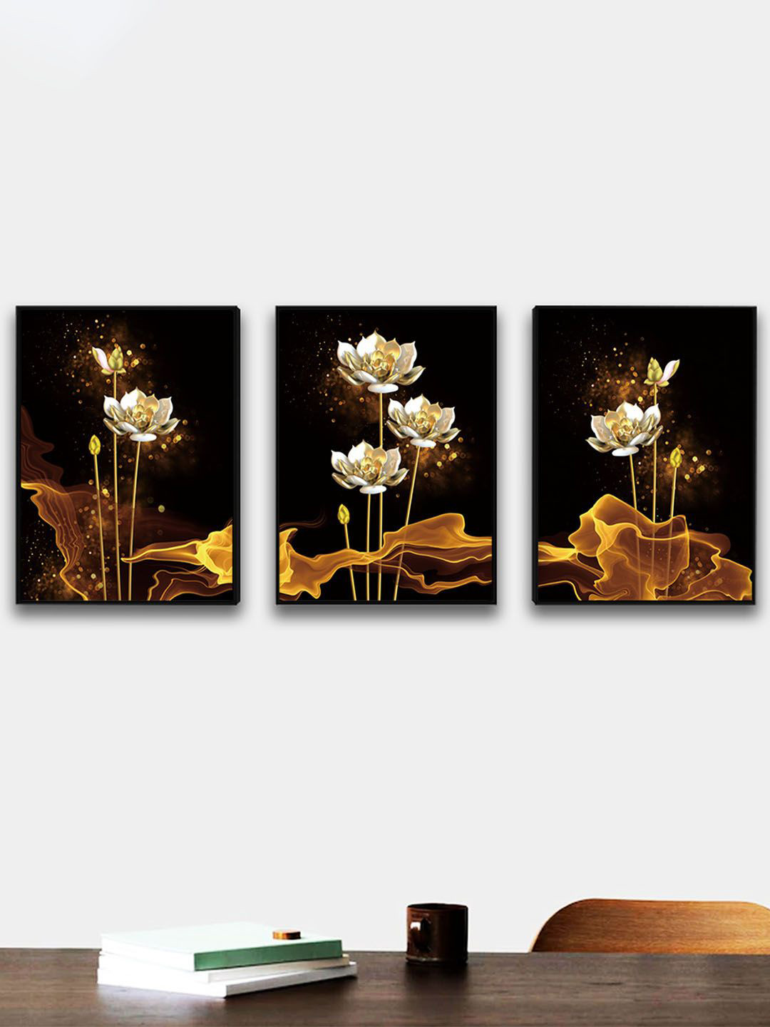 Art Street Black and Gold Toned Set Of 3 Magical Lotus Canvas Painting Wall Art