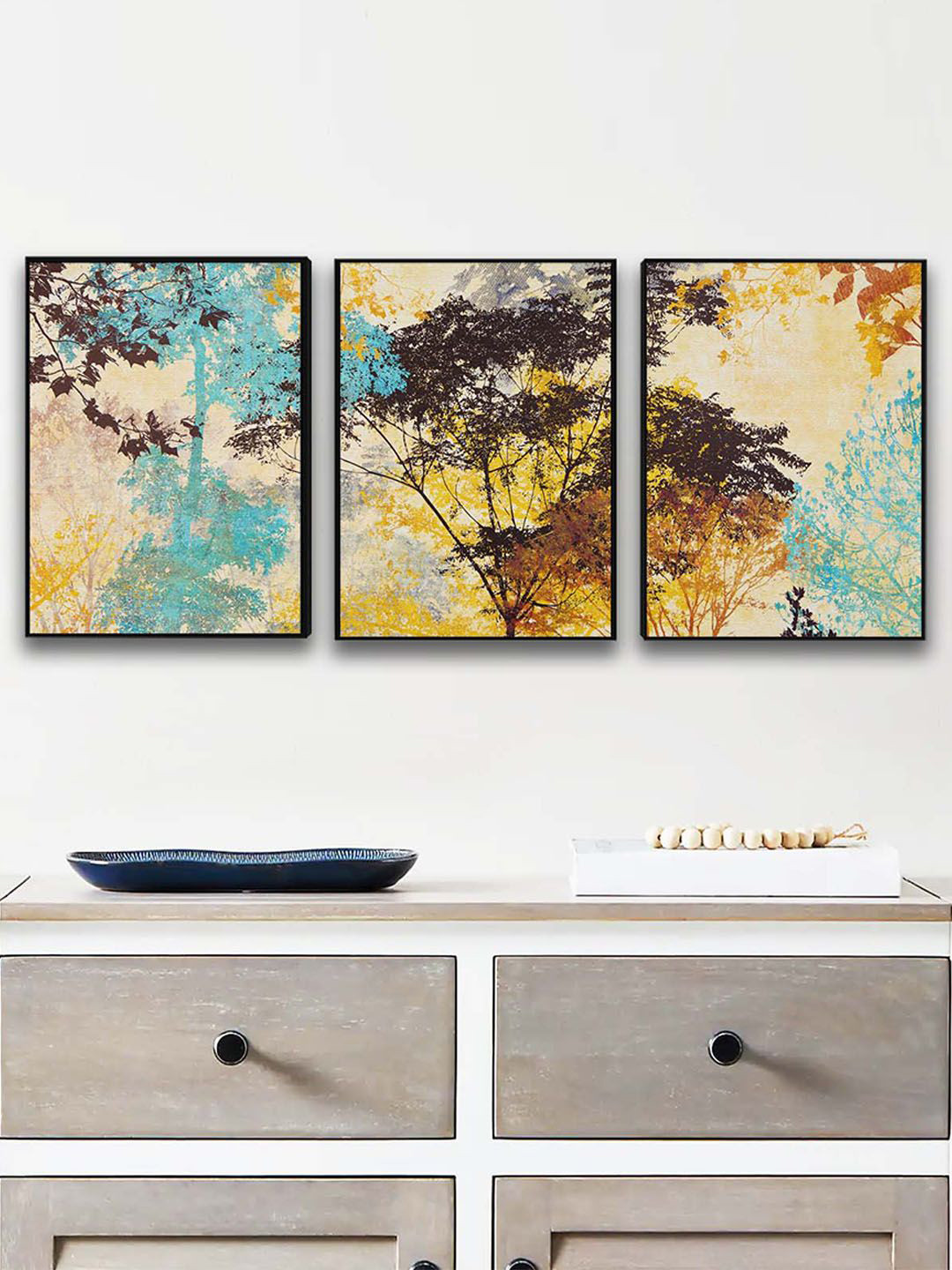 Art Street Beige and Yellow Set of 3 Shrubs In The Forest Canvas Painting Wall Art
