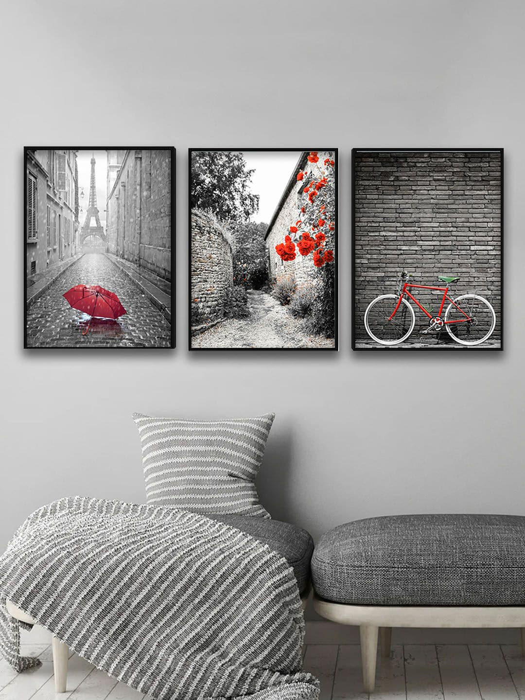 Art Street Grey & Red Set Of 3 Monochrome Landscape Wall Art