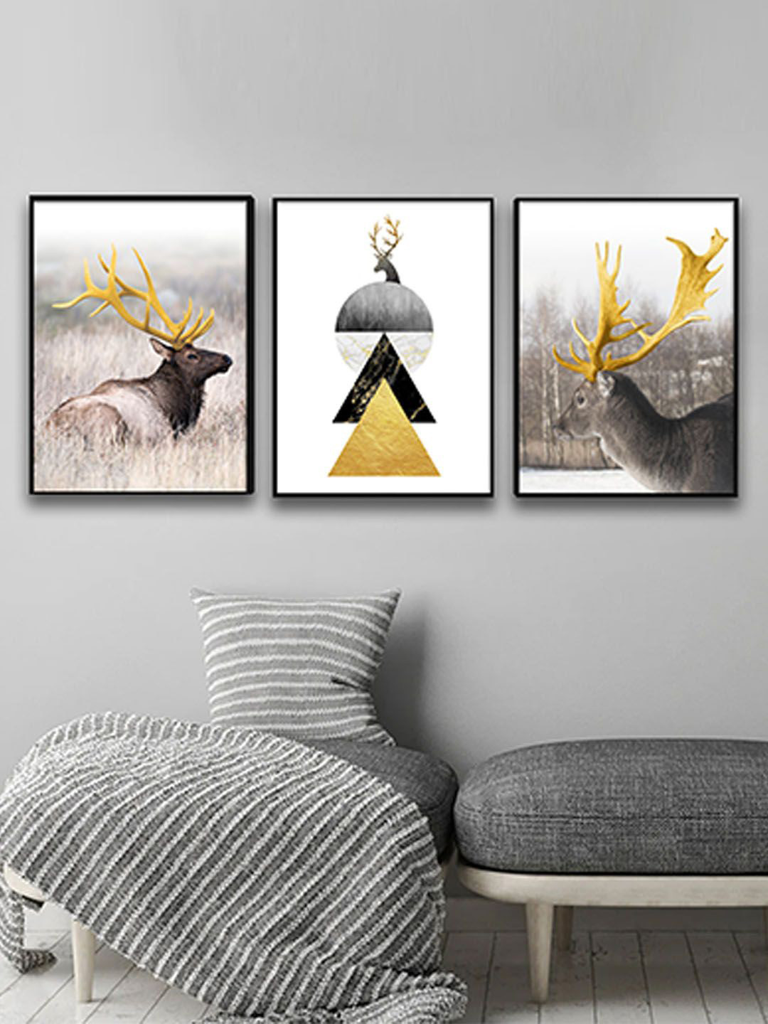 Art Street Set Of 3 Black & Gold-Toned Reindeer Horns Canvas Painting Wall Art