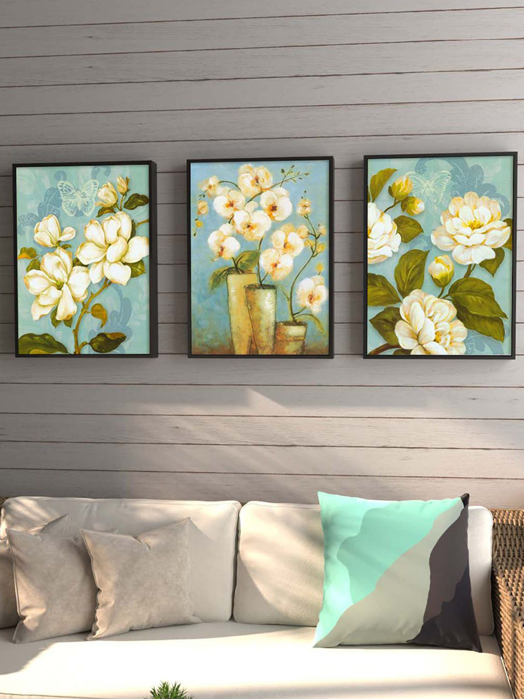 Art Street Blue & Green Set of 3 Flower Vase Wall Art Canvas Painting