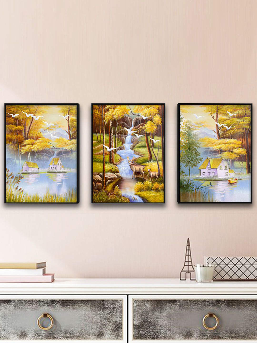 Art Street Blue & Yellow Set Of 3 Scenic Beauty Framed Wall Art