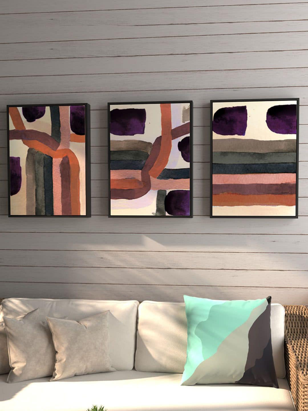 Art Street Set Of 3 Brown & Orange Running Lines Wall Art