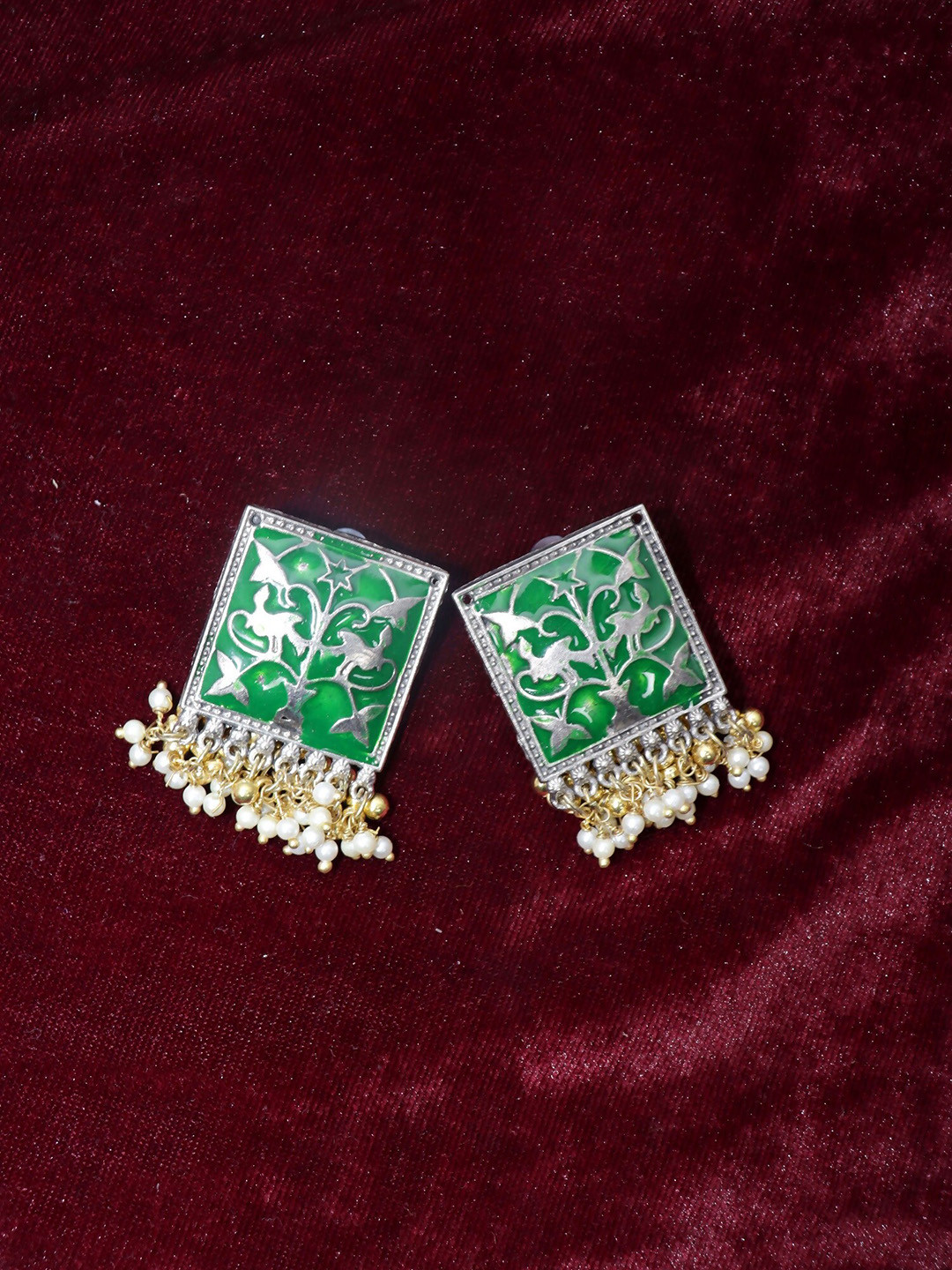 Krelin Green & Silver-Toned Square Studs Earrings With Pearl Hanging