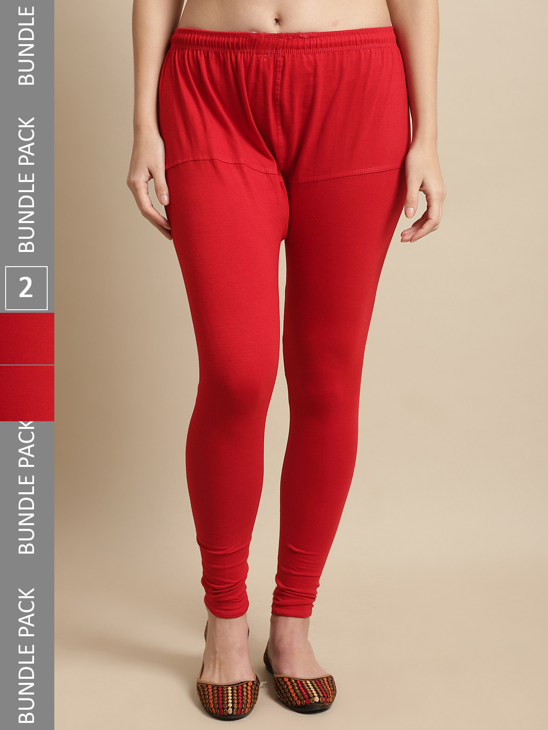 KEX Red Rubi Pack of 2 Cotton Comfort-Fit Churidar Length Leggings