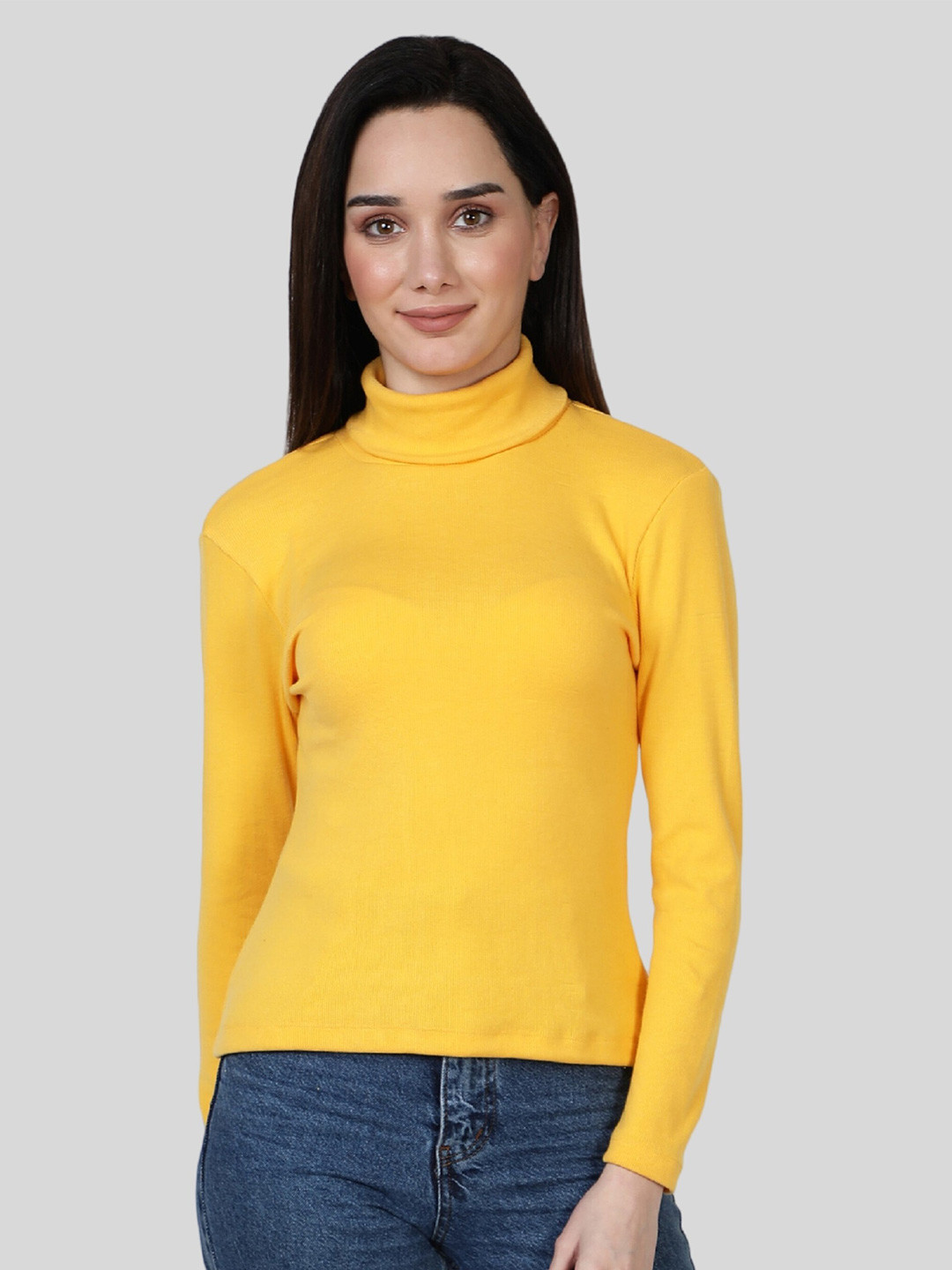 NUEVOSDAMAS Women Solid Mustard Turtle Neck Cotton Pullover Full Sleeve Sweater