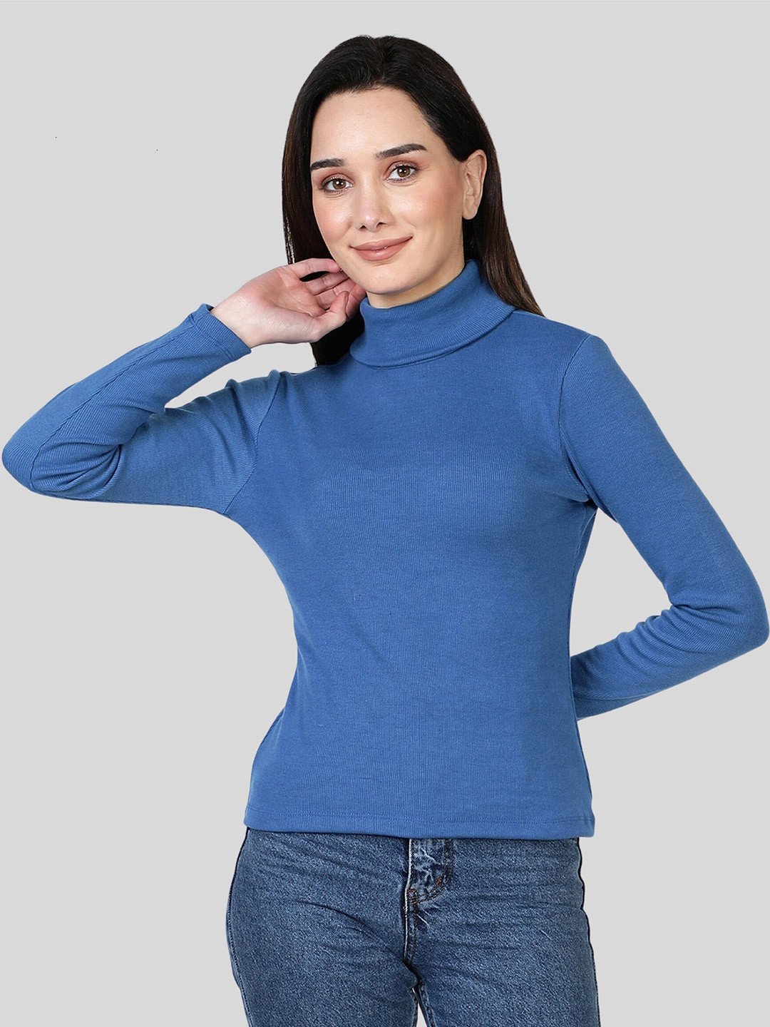 NUEVOSDAMAS Women Solid Blue Turtle Neck Cotton Pullover Full Sleeve Sweater