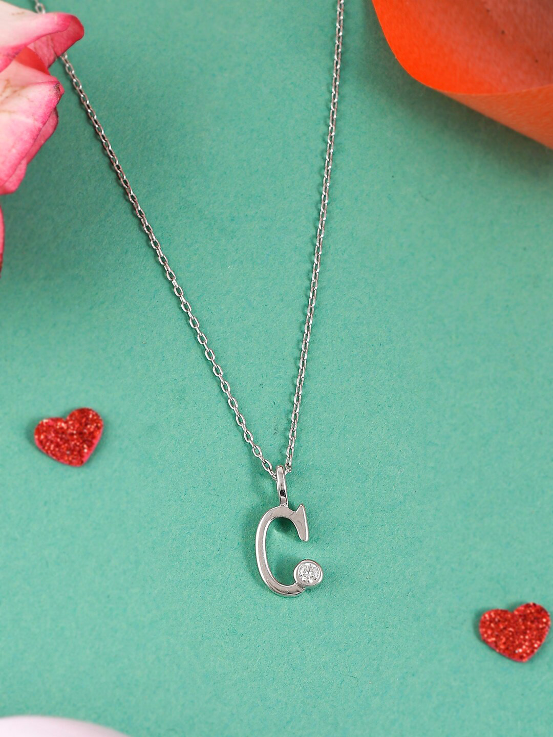 Studio Voylla 925 Sterling Silver Silver-Plated Alphabet C Shaped CZ Studded Pendant With Chain
