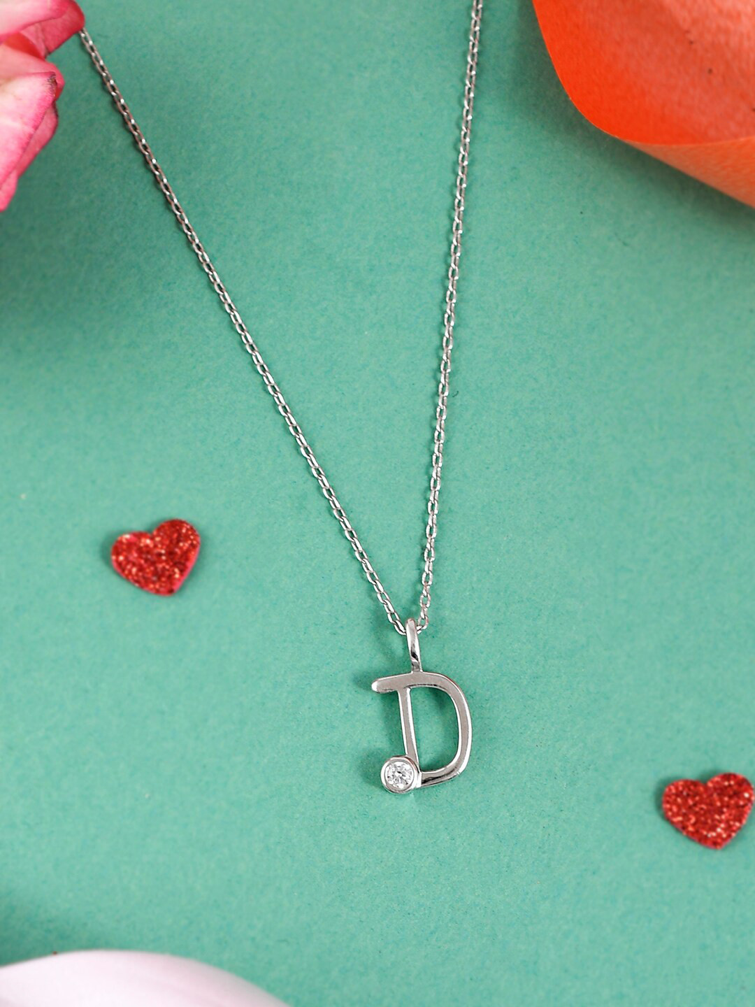 Studio Voylla 925 Sterling Silver-Plated CZ Stone-Studded Alphabet D Pendant & Chain