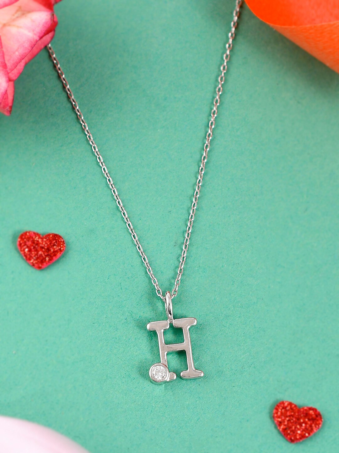Studio Voylla 925 Sterling Silver CZ Studded Alphabet H Pendant & Chain