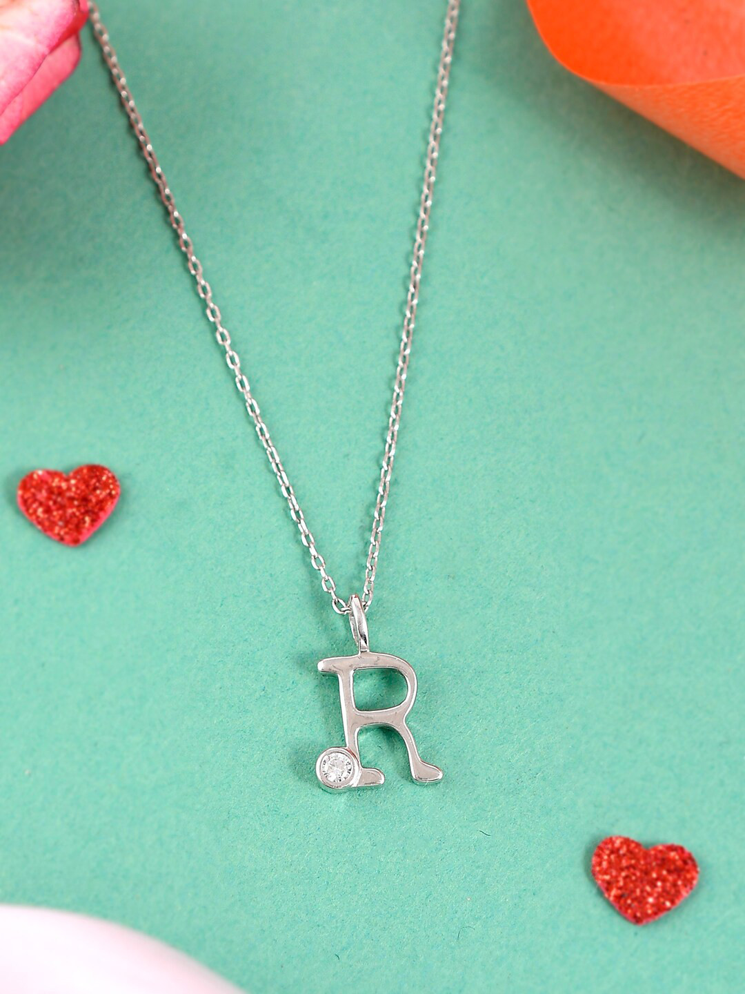 Studio Voylla Silver-Plated CZ-Studded & Alphabet-Charm Pendant With Chain
