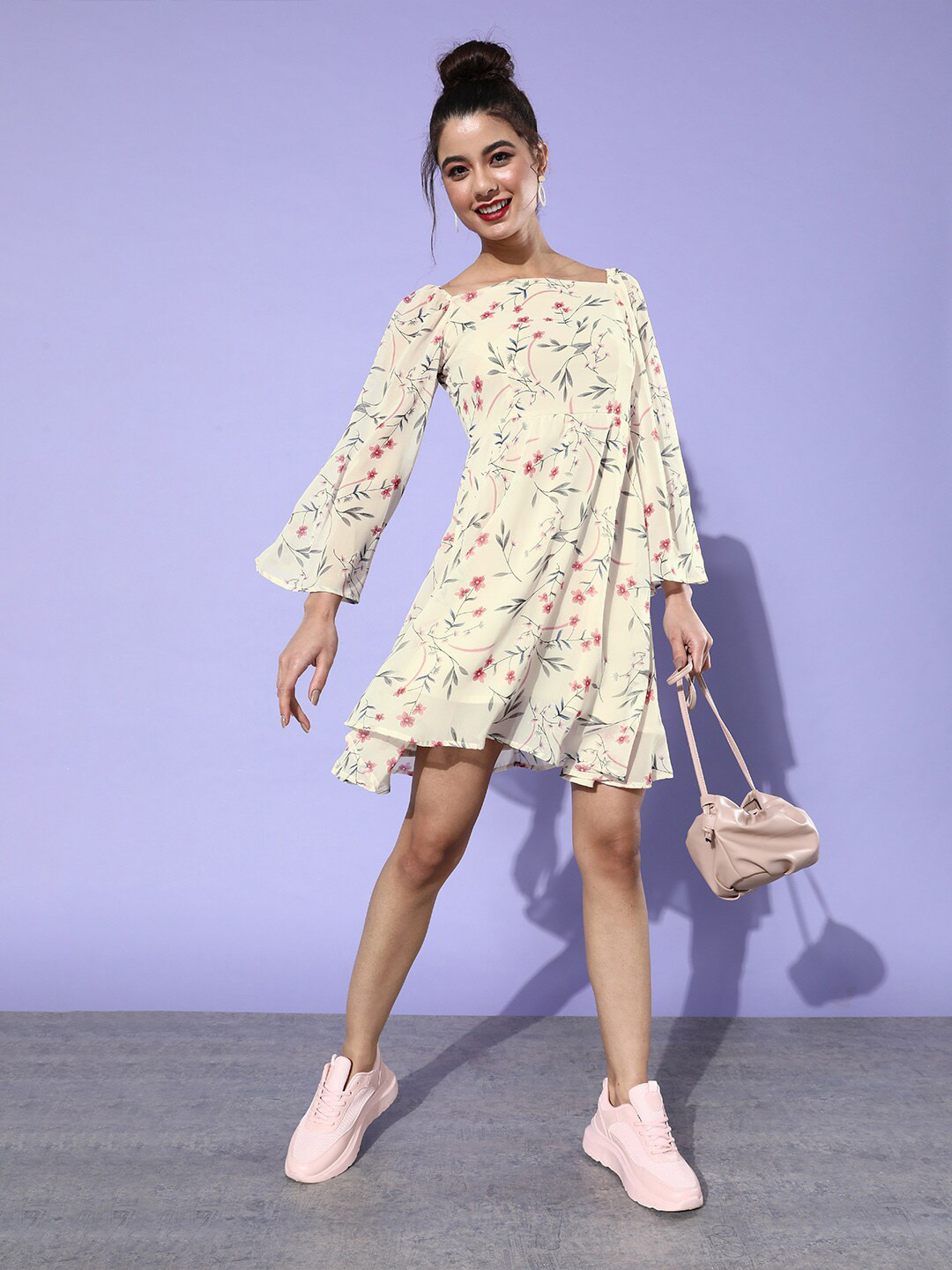 DODO & MOA Flared Sleeve Floral Georgette Dress