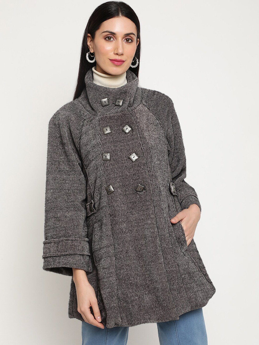 Be Indi Women Self Design Double-Breasted Wool Overcoat