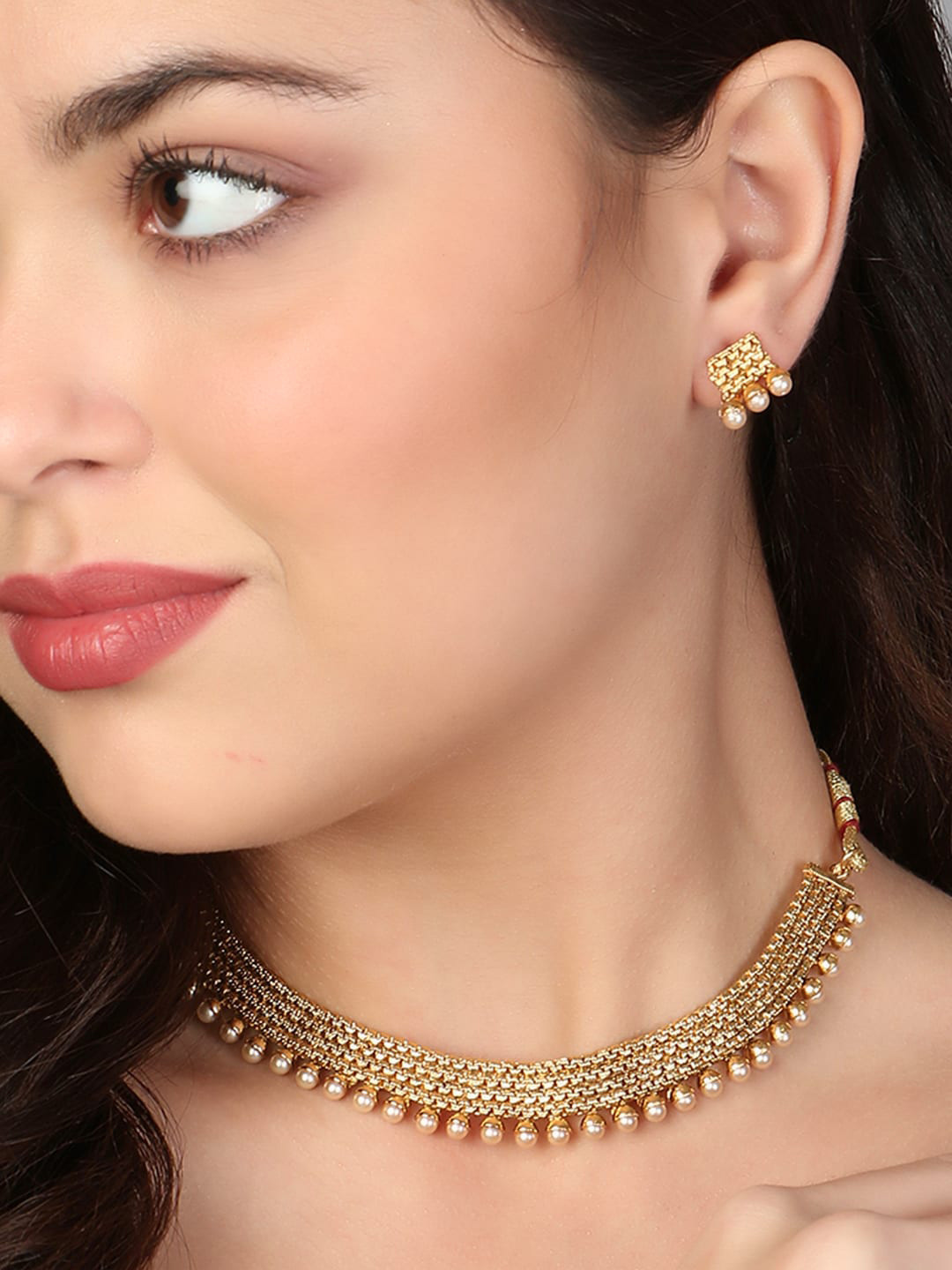 Adwitiya Collection 24CT Gold-Plated Peal & Bead Studded Jewellery Set