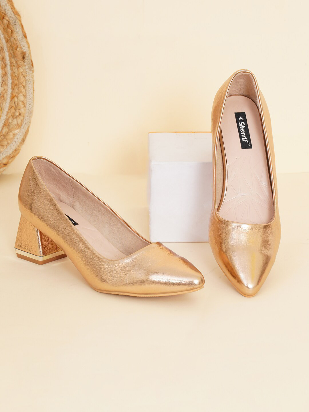 Sherrif Shoes Rose Gold Party Block Pumps