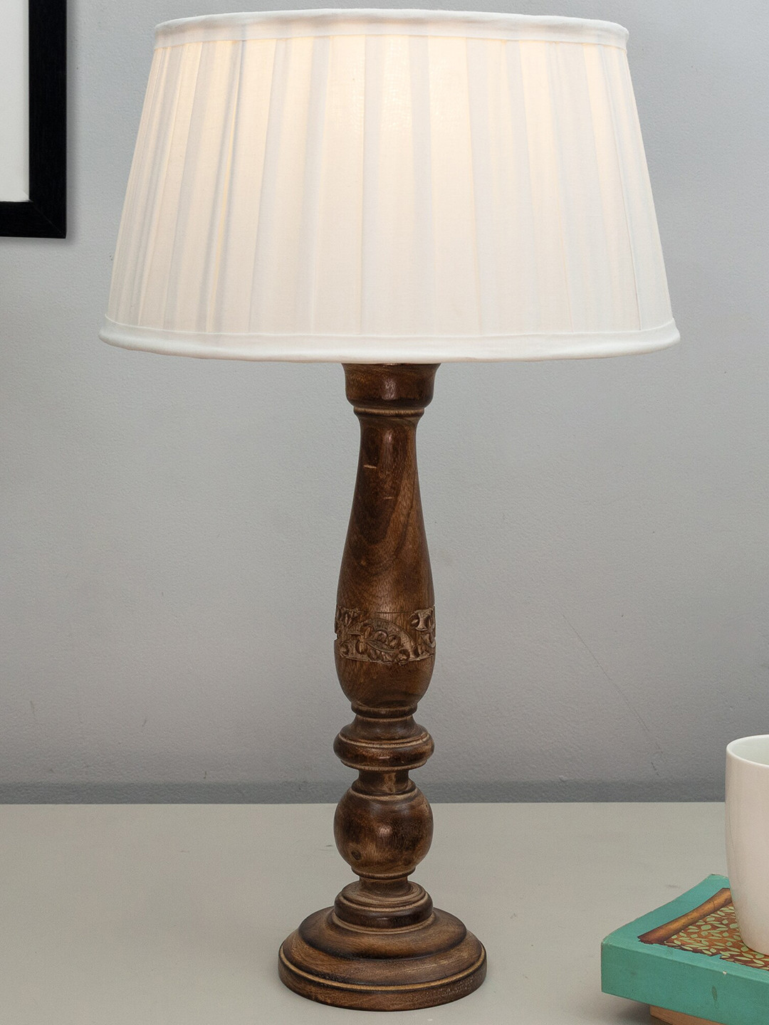 Homesake Mable Antique Off-White & Brown Wooden Table Lamp with Empire Pleated Shade