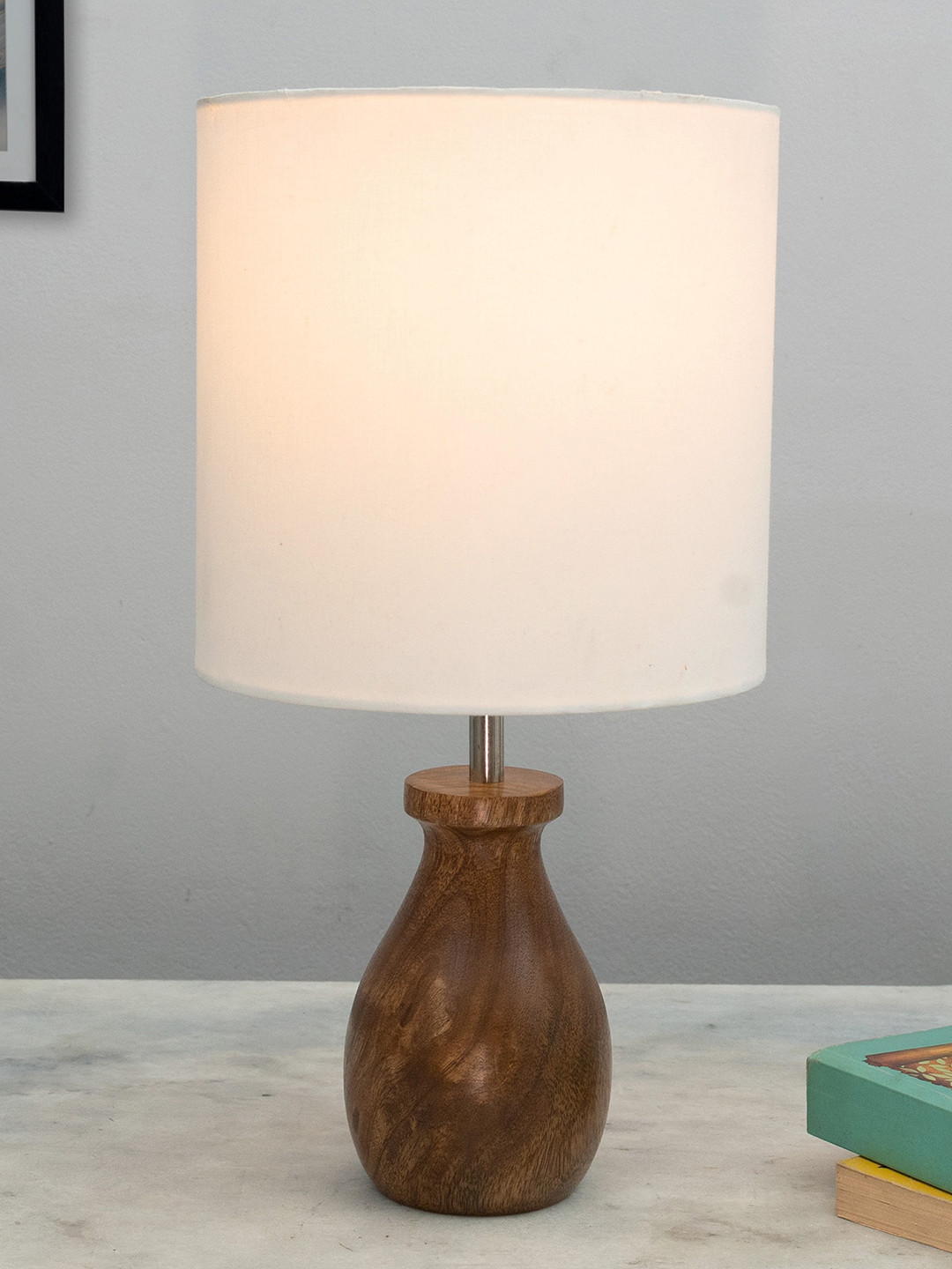 Homesake Dovel Pot White & Brown Wooden Modern Table Lamp With Lampshade
