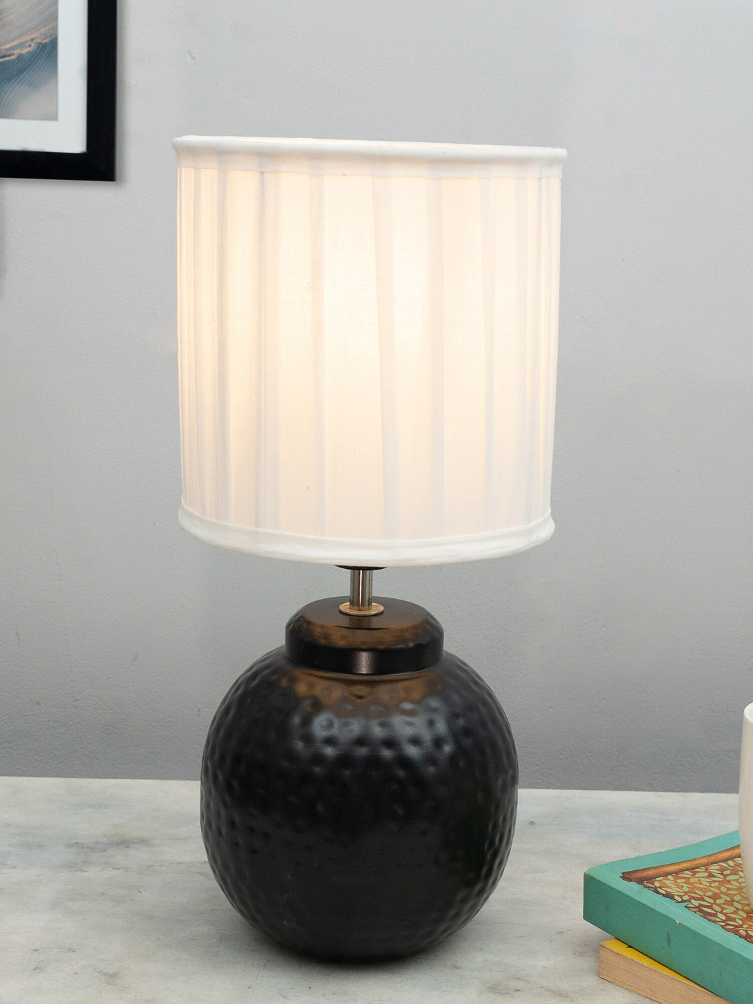 Homesake Ginger Jar White & Black Textured Table Lamp With Pleated Shade
