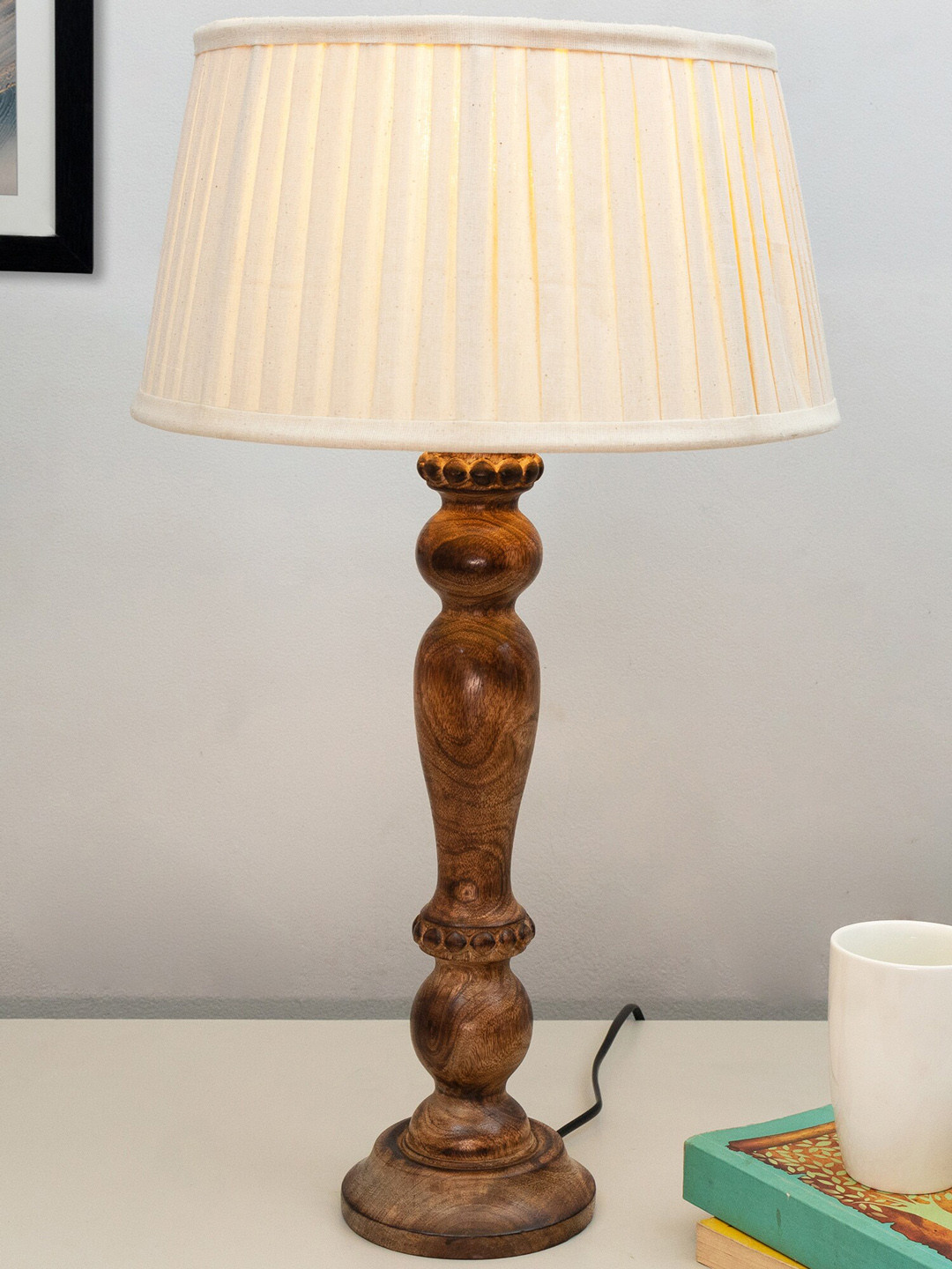 Homesake Eureka Polka Off-White & Brown Wooden Table Lamp With Pleated Shade