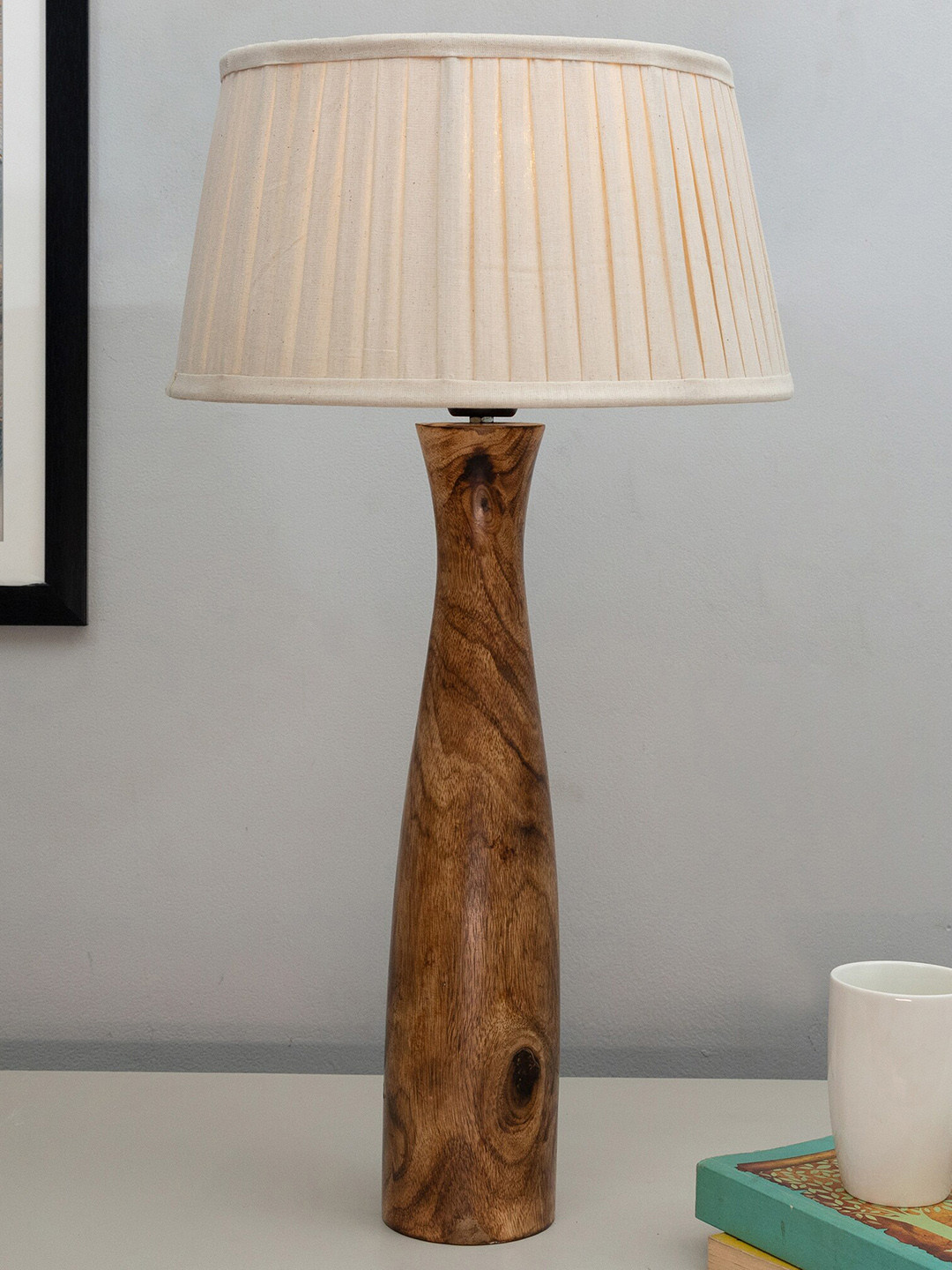 Homesake Antique Timber Brown & Off-White Textured Wooden Lamp With Empire Pleated Shade