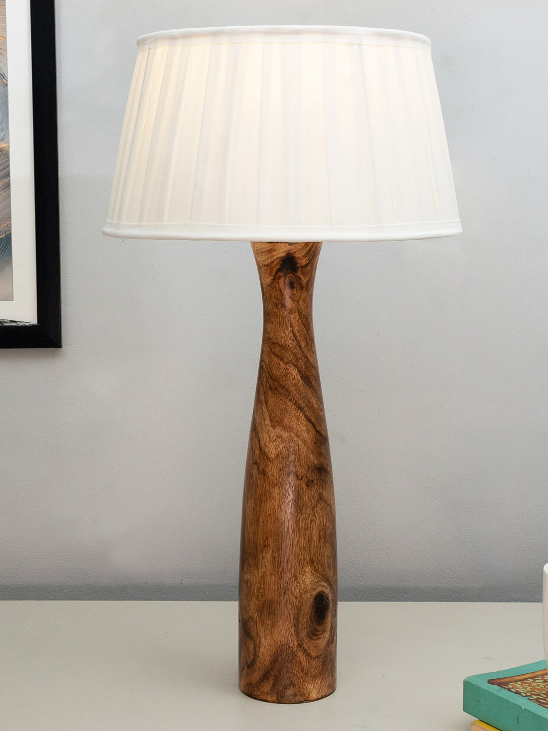 Homesake Timber Turned Off White & Brown Textured Antique Table Lamp With Pleated Shade